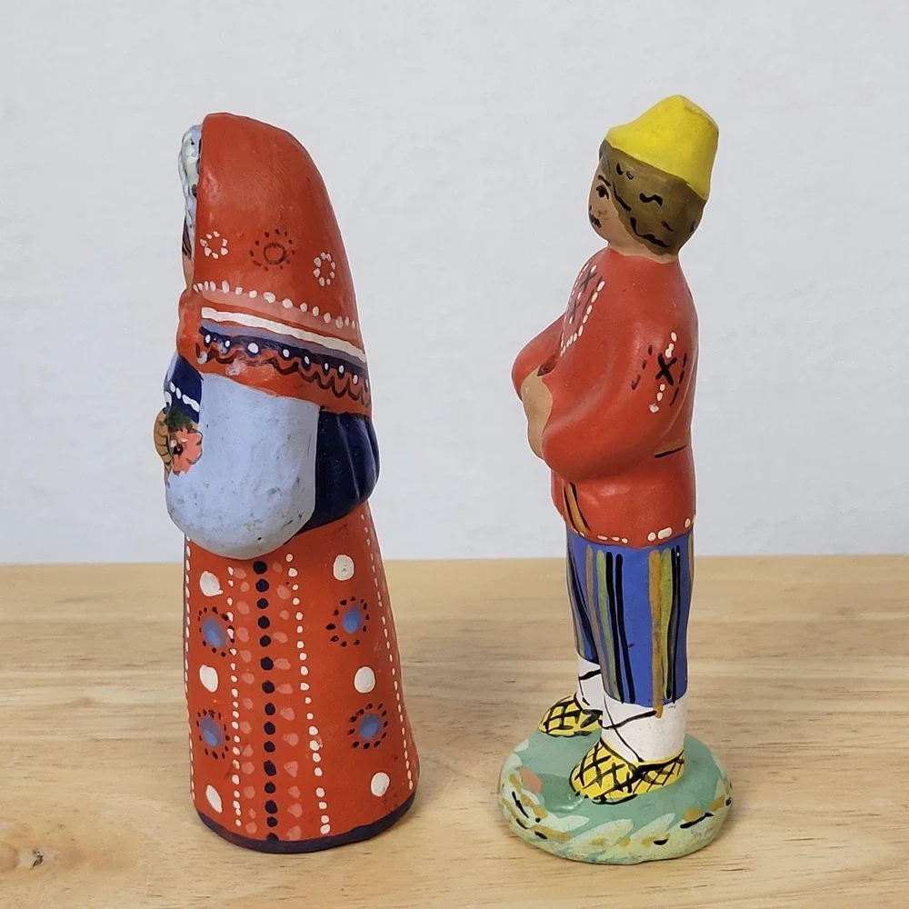 Vintage 90s Russian Pskov Clay Figurine Whistles Folk Art Hand Painted Couple
